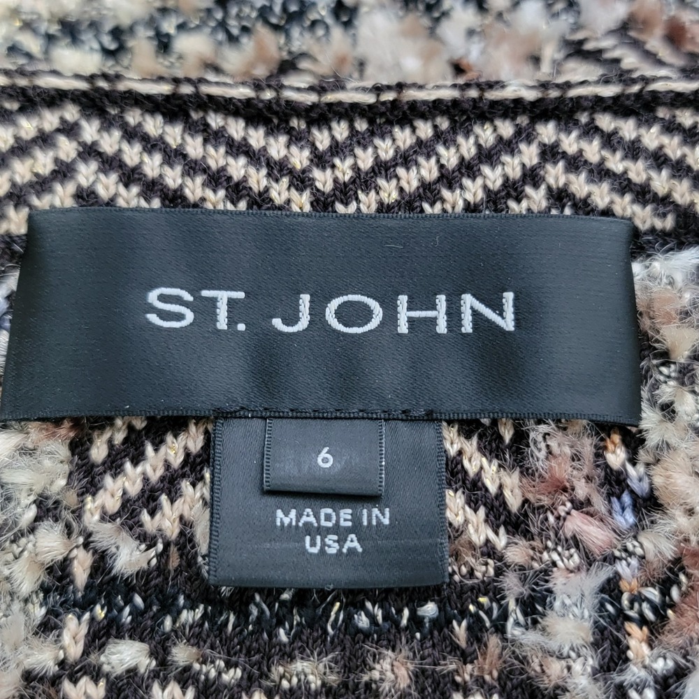 St. John Knit Jacket Women 6 Brown Chevron Plaid Metallic Zip Front Old Money - Picture 5 of 16